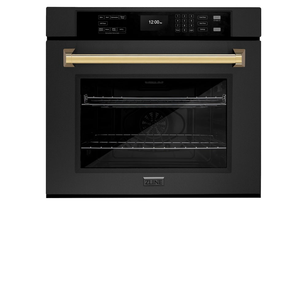 ZLINE Autograph Edition 30 in. Professional True Convection Single Wall Oven with Air Fry and Self Clean in Black Stainless Steel with Polished Gold Handle (WASBZ-30-G)