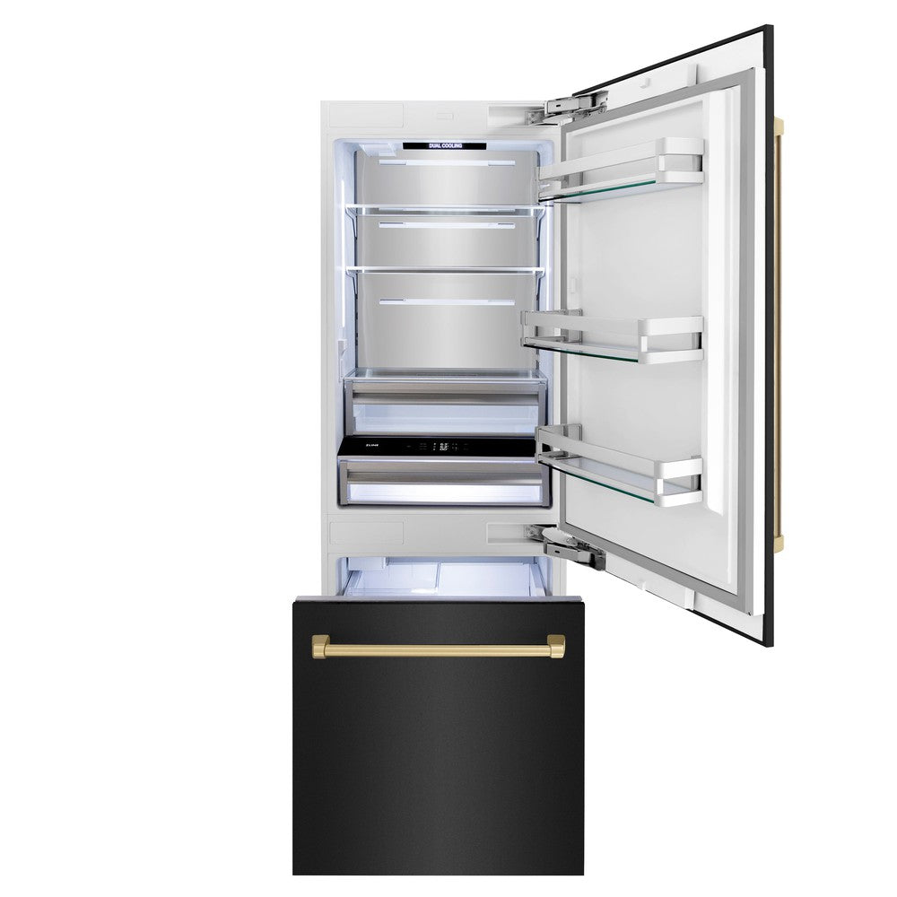 ZLINE Autograph Edition 30 in. 16.1 cu. ft. Built-In Bottom Freezer Refrigerator with Water Dispenser and Ice Maker in Black Stainless Steel with Champagne Bronze Accents (RBIVZ-BS-30-CB)