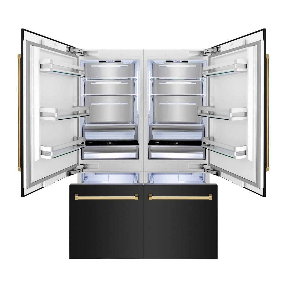 ZLINE Autograph Edition 60 in. 32.2 cu. ft. French Door Built-In Bottom Freezer Refrigerator with Water Dispenser and Ice Maker in Black Stainless Steel with Polished Gold Accents (RBIVZ-BS-60-G)