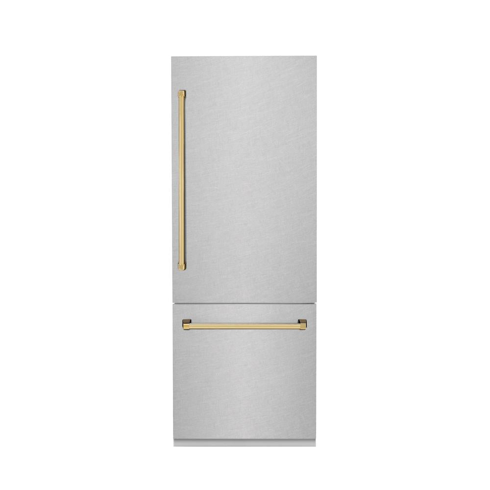 ZLINE Autograph Edition 30 in. 16.1 cu. ft. Built-In Bottom Freezer Refrigerator with Water Dispenser and Ice Maker in DuraSnow® Stainless Steel with Polished Gold Accents (RBIVZ-SN-30-G)