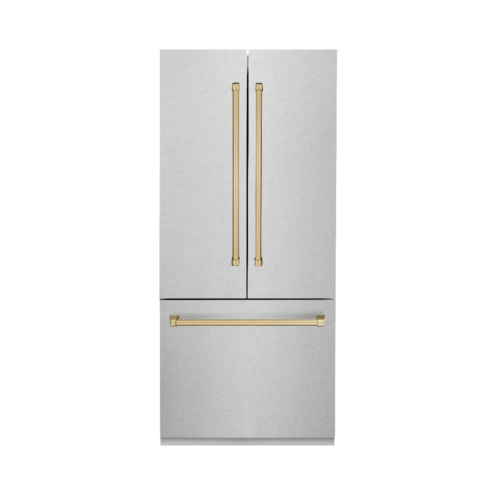 ZLINE Autograph Edition 36 in. 19.6 cu. ft. French Door Built-In Bottom Freezer Refrigerator with Water Dispenser and Ice Maker in DuraSnow® Stainless Steel with Champagne Bronze Accents (RBIVZ-SN-36-CB)