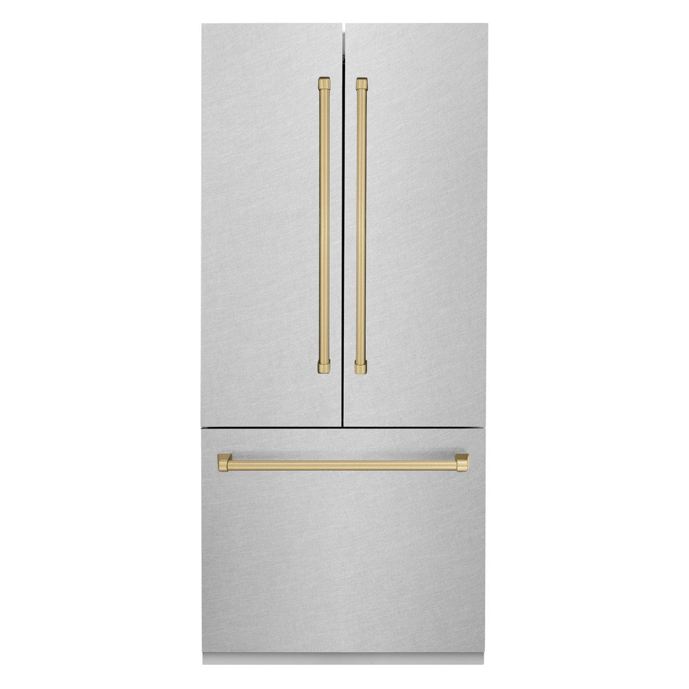 ZLINE Autograph Edition 36 in. 19.6 cu. ft. French Door Built-In Bottom Freezer Refrigerator with Water Dispenser and Ice Maker in DuraSnow® Stainless Steel with Champagne Bronze Accents (RBIVZ-SN-36-CB)