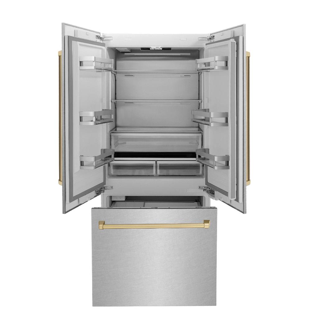 ZLINE Autograph Edition 36 in. 19.6 cu. ft. French Door Built-In Bottom Freezer Refrigerator with Water Dispenser and Ice Maker in DuraSnow® Stainless Steel with Champagne Bronze Accents (RBIVZ-SN-36-CB)