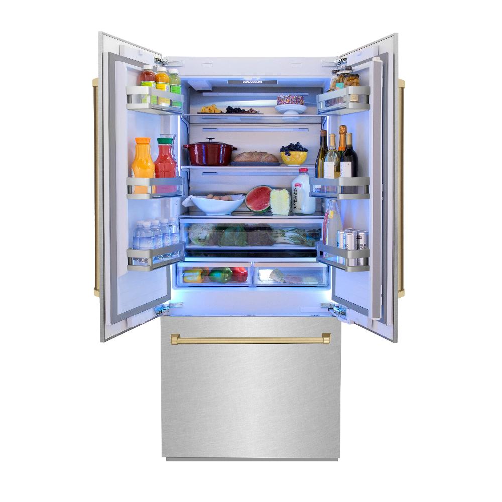 ZLINE Autograph Edition 36 in. 19.6 cu. ft. French Door Built-In Bottom Freezer Refrigerator with Water Dispenser and Ice Maker in DuraSnow® Stainless Steel with Champagne Bronze Accents (RBIVZ-SN-36-CB)