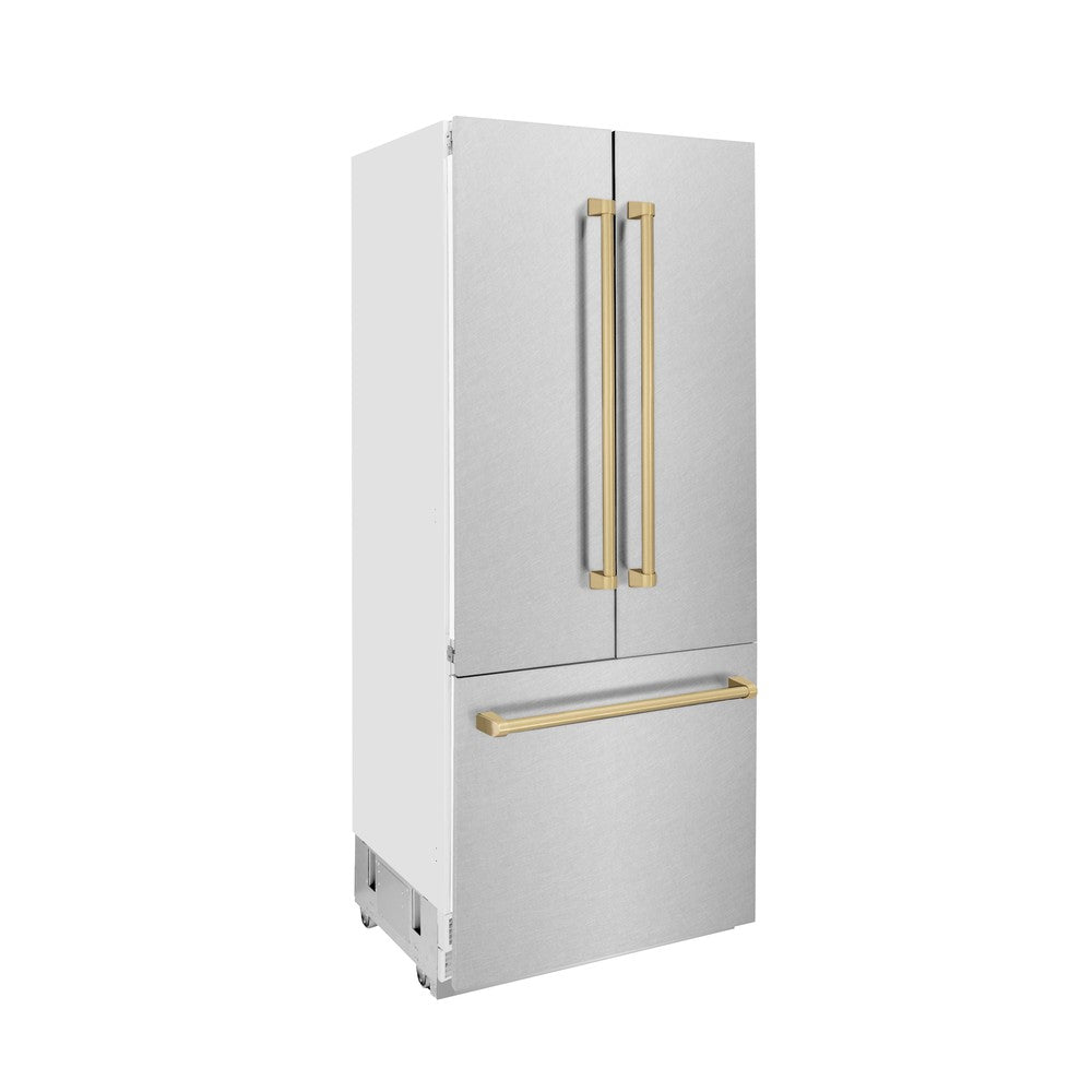 ZLINE Autograph Edition 36 in. 19.6 cu. ft. French Door Built-In Bottom Freezer Refrigerator with Water Dispenser and Ice Maker in DuraSnow® Stainless Steel with Champagne Bronze Accents (RBIVZ-SN-36-CB)