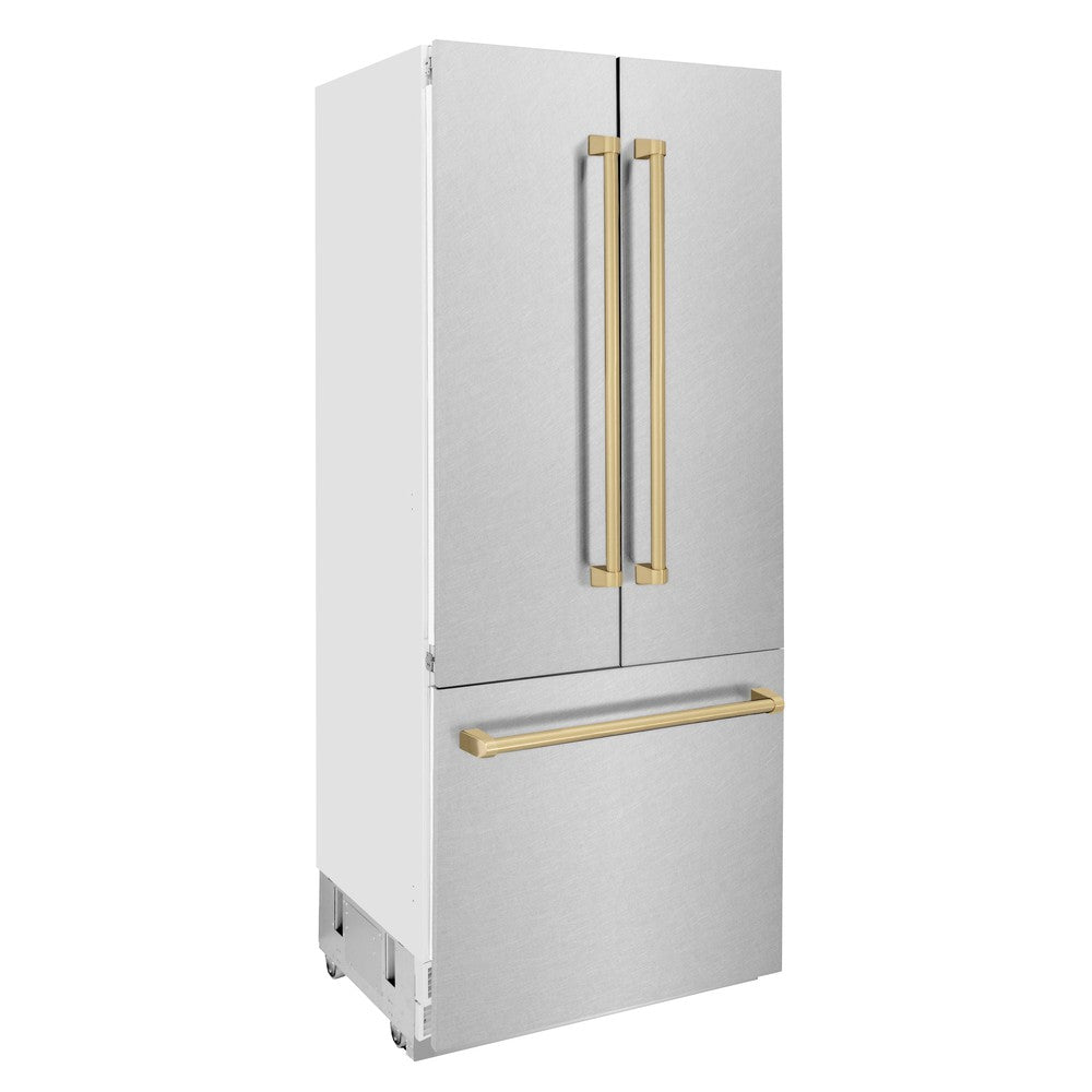 ZLINE Autograph Edition 36 in. 19.6 cu. ft. French Door Built-In Bottom Freezer Refrigerator with Water Dispenser and Ice Maker in DuraSnow® Stainless Steel with Champagne Bronze Accents (RBIVZ-SN-36-CB)