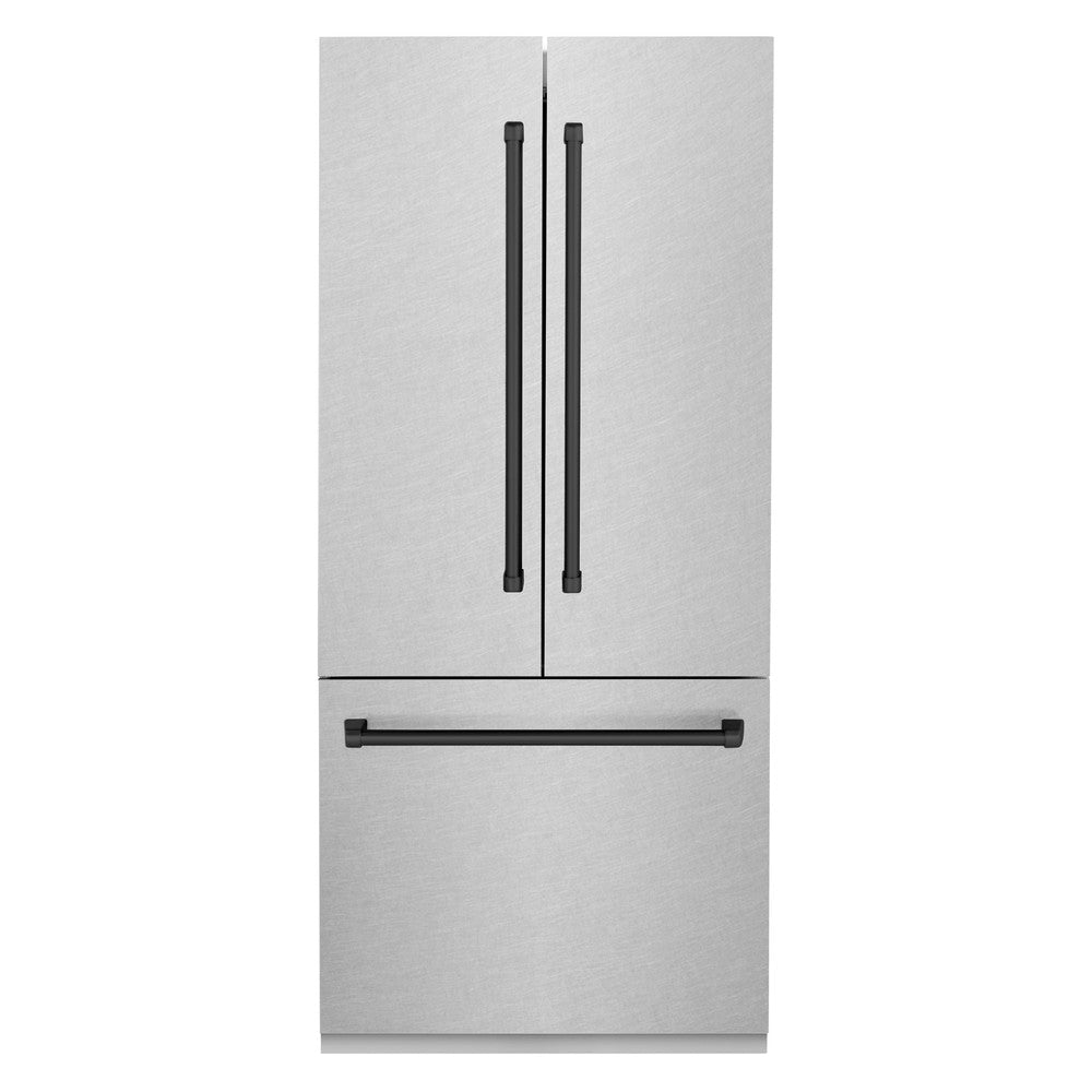 ZLINE Autograph Edition 36 in. 19.6 cu. ft. French Door Built-In Bottom Freezer Refrigerator with Water Dispenser and Ice Maker in DuraSnow® Stainless Steel with Matte Black Accents (RBIVZ-SN-36-MB)