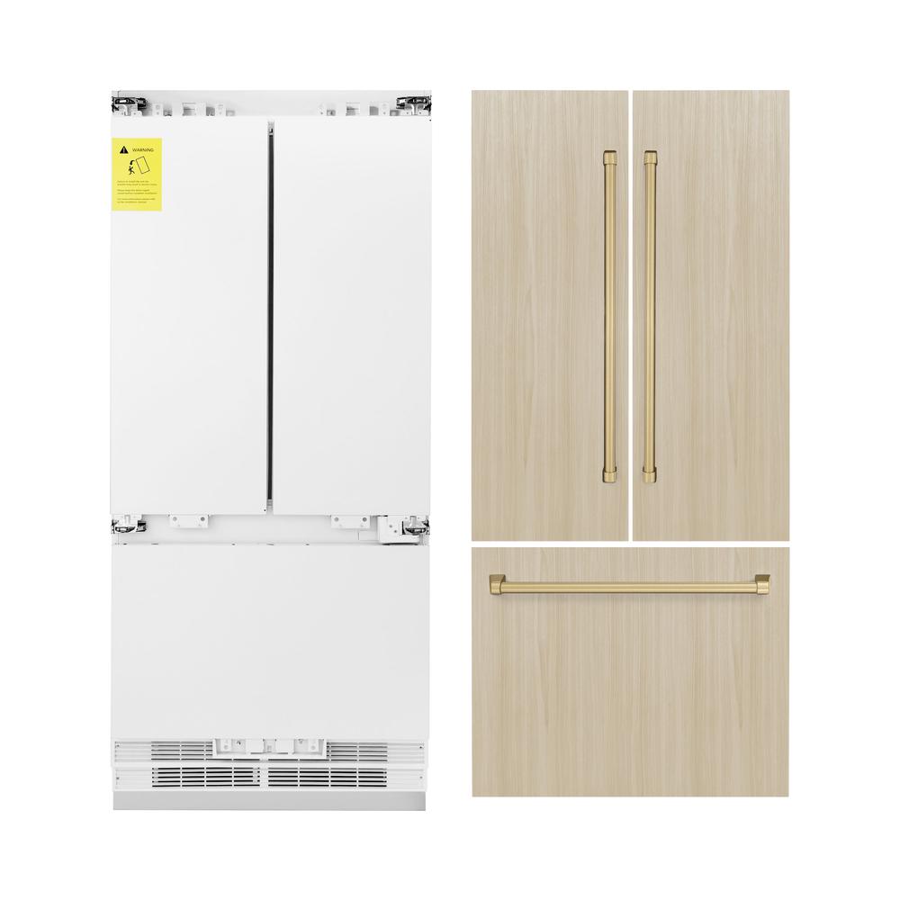 ZLINE Autograph Edition 36 in. 19.6 cu. ft. Panel Ready French Door Built-In Bottom Freezer Refrigerator with Water Dispenser and Ice Maker with Polished Gold Accents (RBIVZ-36-G)