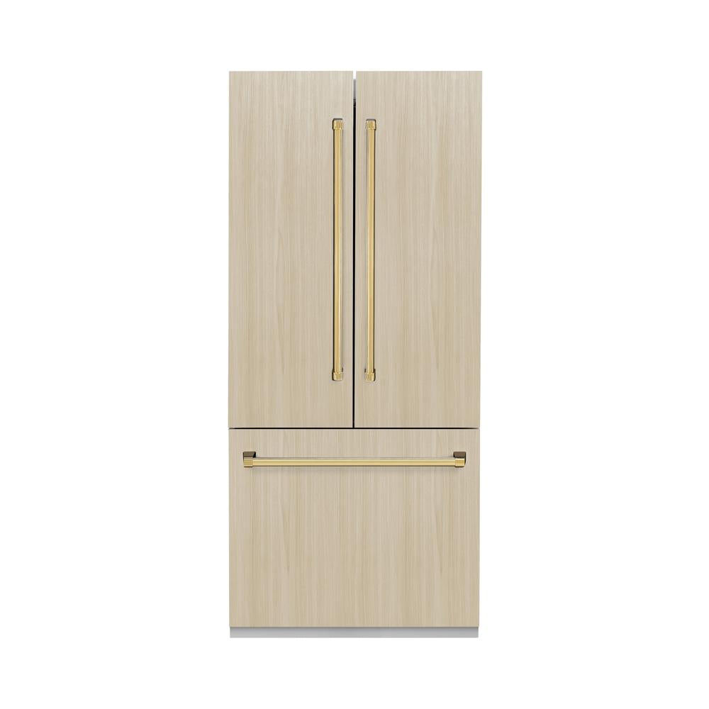 ZLINE Autograph Edition 36 in. 19.6 cu. ft. Panel Ready French Door Built-In Bottom Freezer Refrigerator with Water Dispenser and Ice Maker with Polished Gold Accents (RBIVZ-36-G)