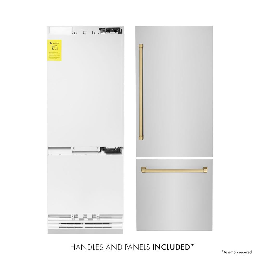 ZLINE Autograph Edition 30 in. 16.1 cu. ft. Built-In Bottom Freezer Refrigerator with Water Dispenser and Ice Maker in Stainless Steel with Champagne Bronze Accents (RBIVZ-304-30-CB)