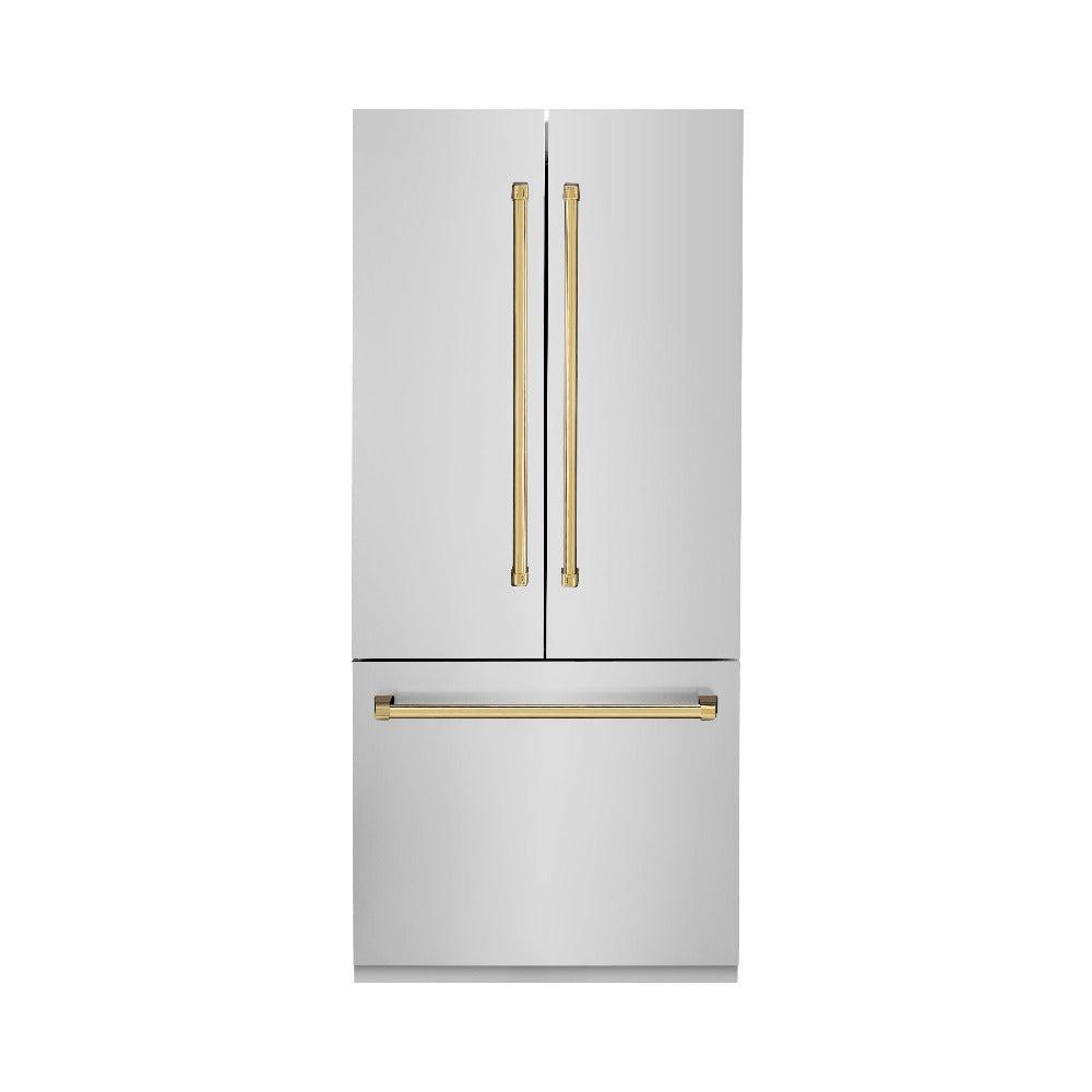 ZLINE Autograph Edition 36 in. 19.6 cu. ft. French Door Built-In Bottom Freezer Refrigerator with Water Dispenser and Ice Maker in Stainless Steel with Polished Gold Accents (RBIVZ-304-36-G)
