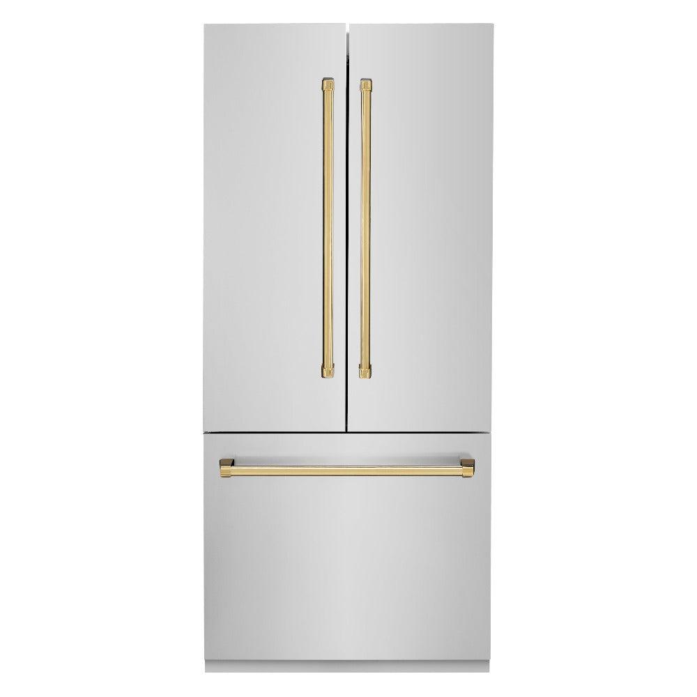 ZLINE Autograph Edition 36 in. 19.6 cu. ft. French Door Built-In Bottom Freezer Refrigerator with Water Dispenser and Ice Maker in Stainless Steel with Polished Gold Accents (RBIVZ-304-36-G)