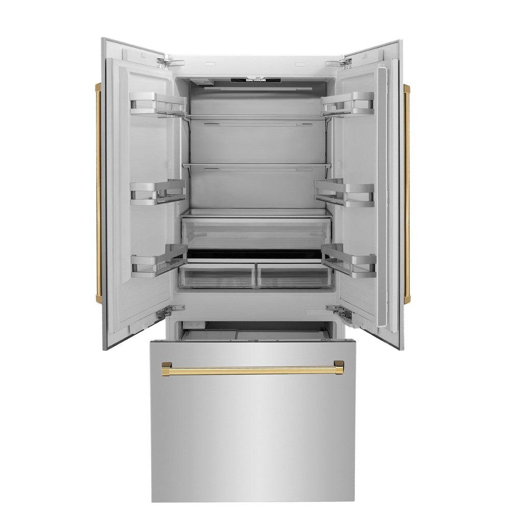 ZLINE Autograph Edition 36 in. 19.6 cu. ft. French Door Built-In Bottom Freezer Refrigerator with Water Dispenser and Ice Maker in Stainless Steel with Polished Gold Accents (RBIVZ-304-36-G)