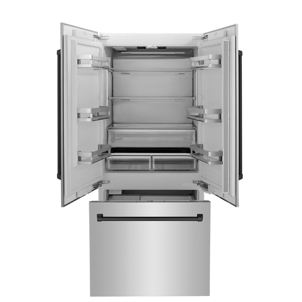 ZLINE Autograph Edition 36 in. 19.6 cu. ft. French Door Built-In Bottom Freezer Refrigerator with Water Dispenser and Ice Maker in Stainless Steel with Matte Black Accents (RBIVZ-304-36-MB)