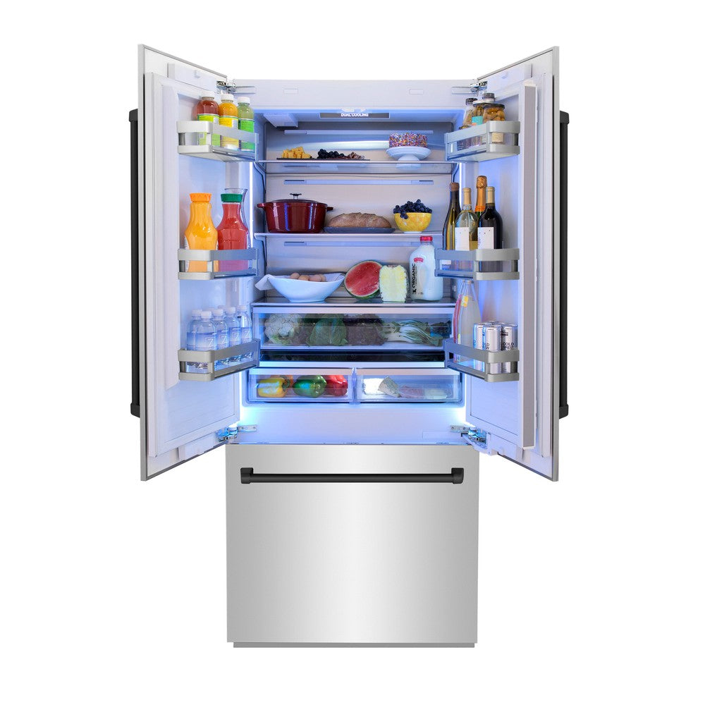 ZLINE Autograph Edition 36 in. 19.6 cu. ft. French Door Built-In Bottom Freezer Refrigerator with Water Dispenser and Ice Maker in Stainless Steel with Matte Black Accents (RBIVZ-304-36-MB)