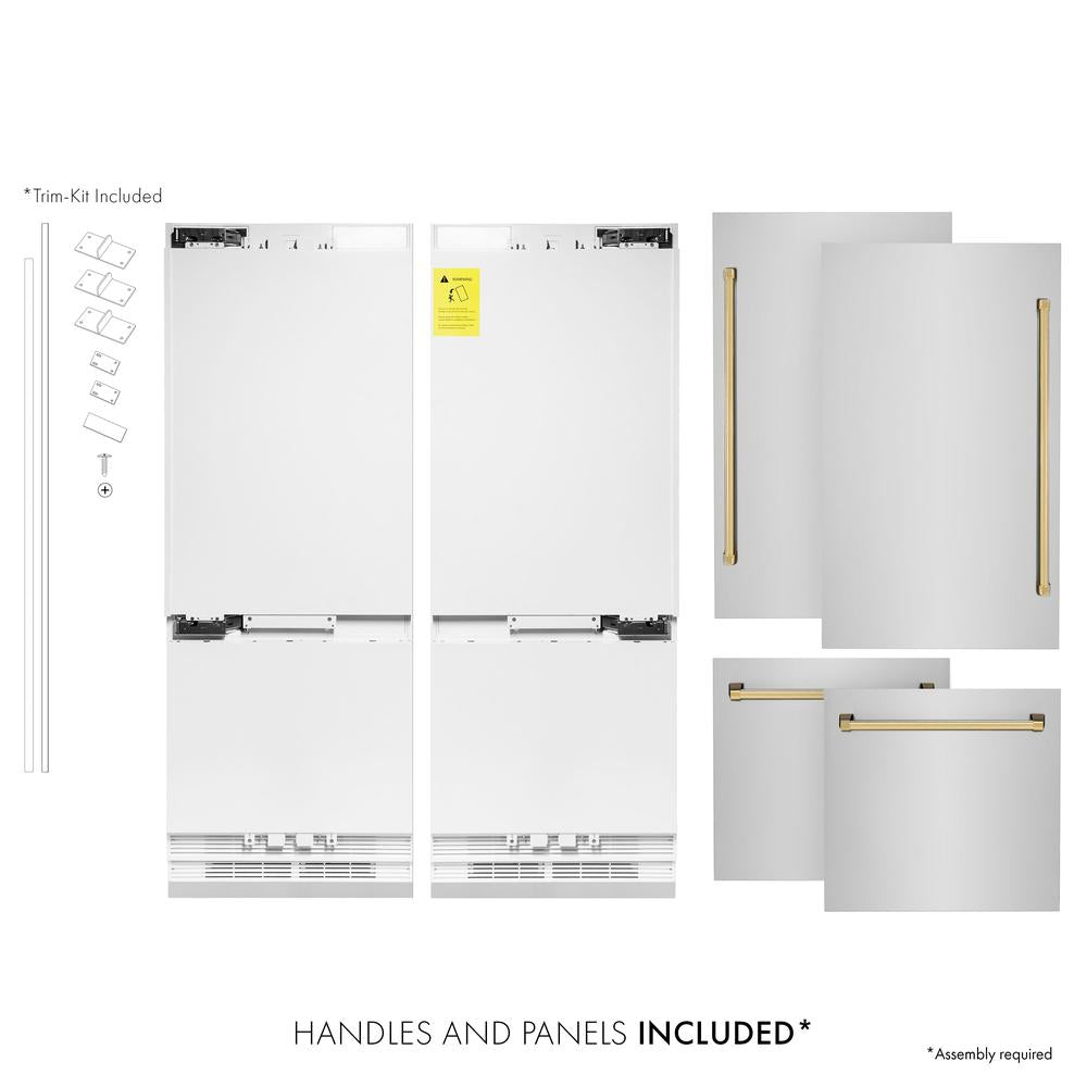 ZLINE Autograph Edition 60 in. 32.2 cu. ft. French Door Built-In Bottom Freezer Refrigerator with Water Dispenser and Ice Maker in Stainless Steel with Polished Gold Accents (RBIVZ-304-60-G)