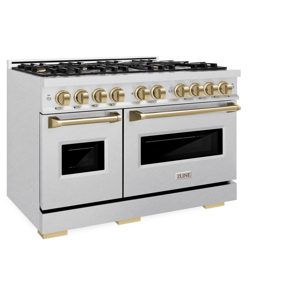 ZLINE Autograph Edition 48 in. 6.7 cu. ft. Classic Double Oven Gas Range with 8 Burner Cooktop in DuraSnow® Stainless Steel and Champagne Bronze Accents (CGRSZ-48-CB)