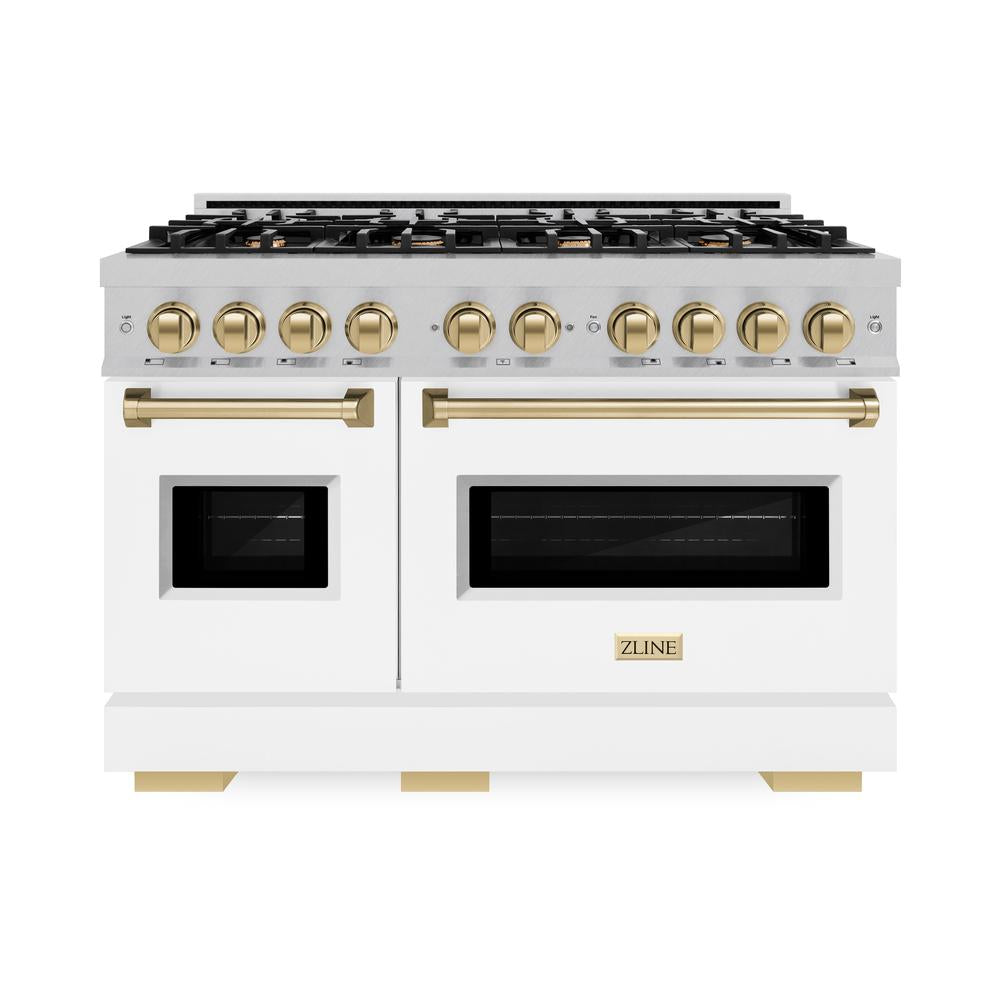 ZLINE Autograph Edition 48 in. 6.7 cu. ft. Classic Double Oven Dual Fuel Range with 8 Burner Gas Cooktop in DuraSnow® Stainless Steel with White Matte Doors and Champagne Bronze Accents (CDRSZ-WM-48-CB)