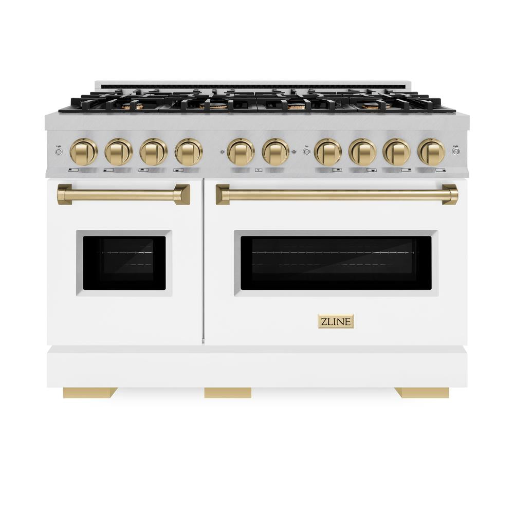 ZLINE Autograph Edition 48 in. 6.7 cu. ft. Classic Double Oven Dual Fuel Range with 8 Burner Gas Cooktop in DuraSnow® Stainless Steel with White Matte Doors and Champagne Bronze Accents (CDRSZ-WM-48-CB)