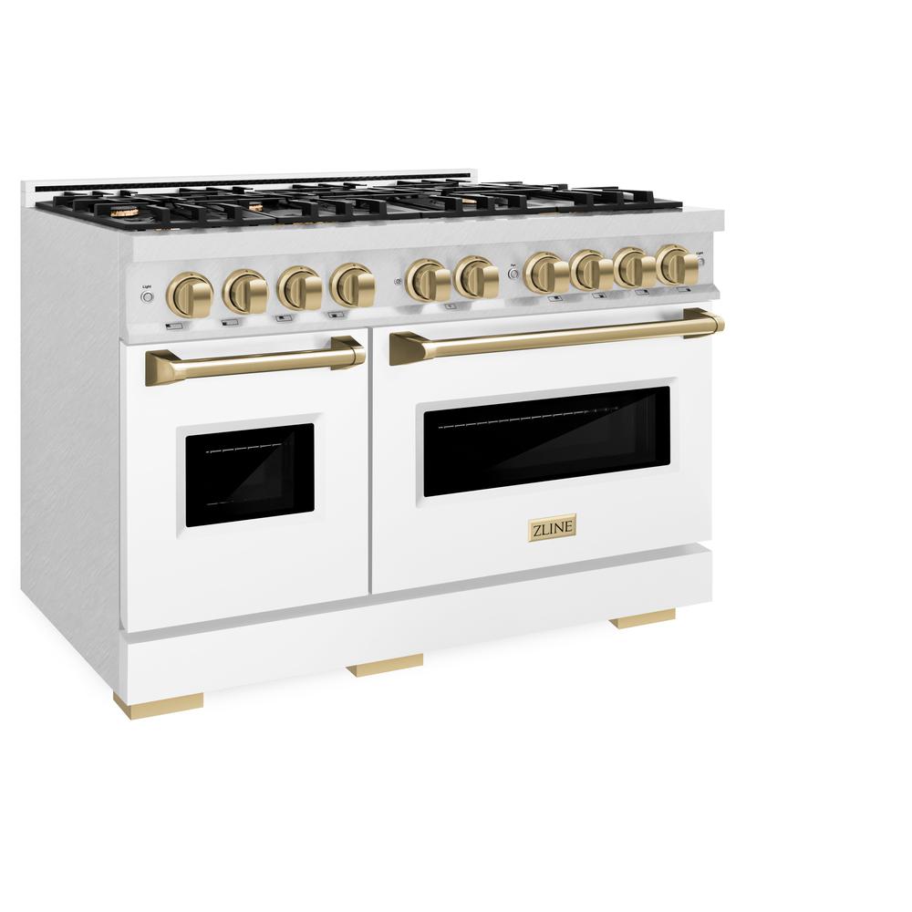 ZLINE Autograph Edition 48 in. 6.7 cu. ft. Classic Double Oven Dual Fuel Range with 8 Burner Gas Cooktop in DuraSnow® Stainless Steel with White Matte Doors and Champagne Bronze Accents (CDRSZ-WM-48-CB)