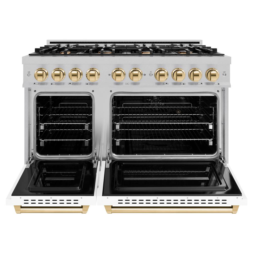 ZLINE Autograph Edition 48 in. 6.7 cu. ft. Classic Double Oven Dual Fuel Range with 8 Burner Gas Cooktop in DuraSnow® Stainless Steel with White Matte Doors and Polished Gold Accents (CDRSZ-WM-48-G)