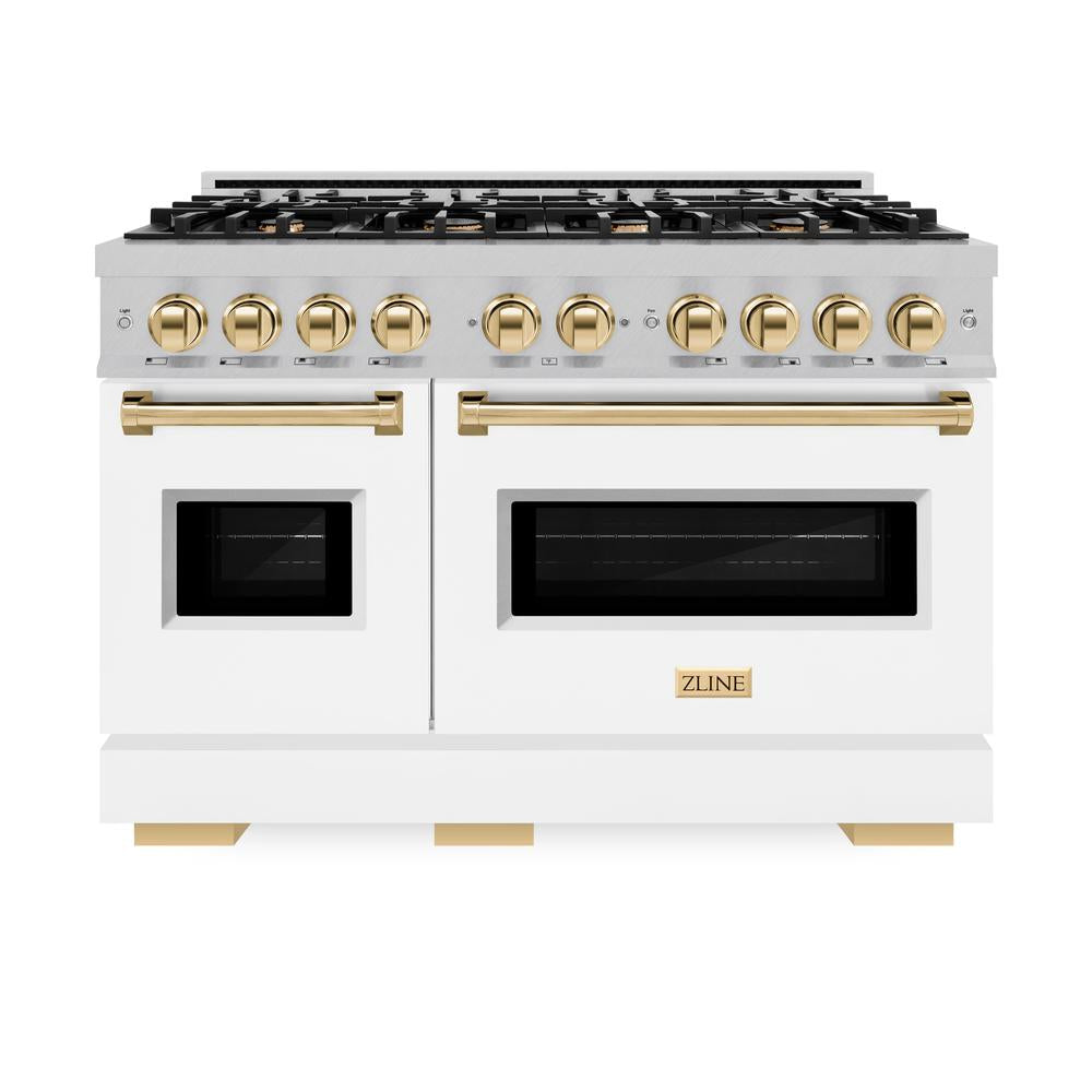 ZLINE Autograph Edition 48 in. 6.7 cu. ft. Classic Double Oven Dual Fuel Range with 8 Burner Gas Cooktop in DuraSnow® Stainless Steel with White Matte Doors and Polished Gold Accents (CDRSZ-WM-48-G)