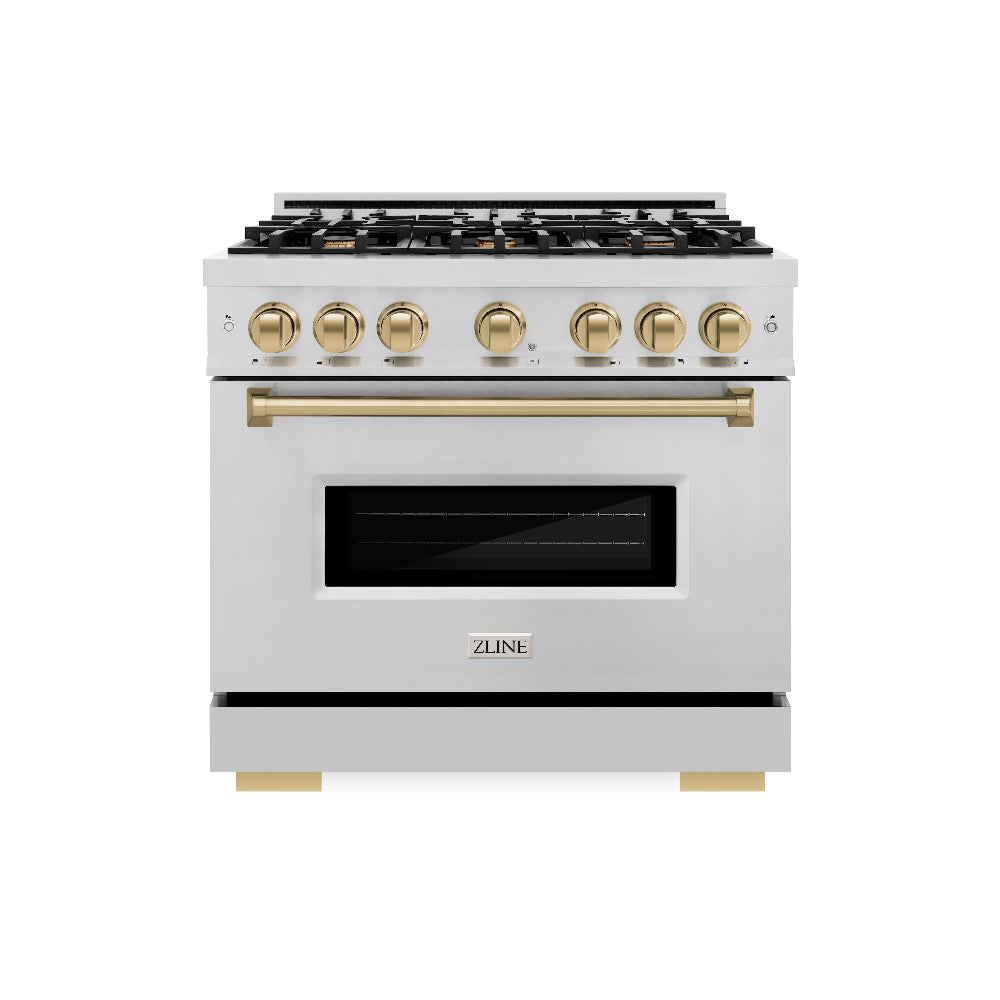 ZLINE Autograph Edition 36 in. 5.2 cu. ft. Classic Dual Fuel Range with 6 Burner Gas Cooktop and Electric Convection Oven in Stainless Steel with Champagne Bronze Accents (CDRZ-36-CB)