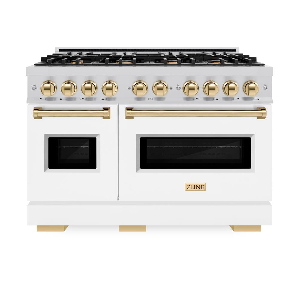 ZLINE Autograph Edition 48 in. 6.7 cu. ft. Classic Double Oven Dual Fuel Range with 8 Burner Gas Cooktop in Stainless Steel with White Matte Doors and Polished Gold Accents (CDRZ-WM-48-G)