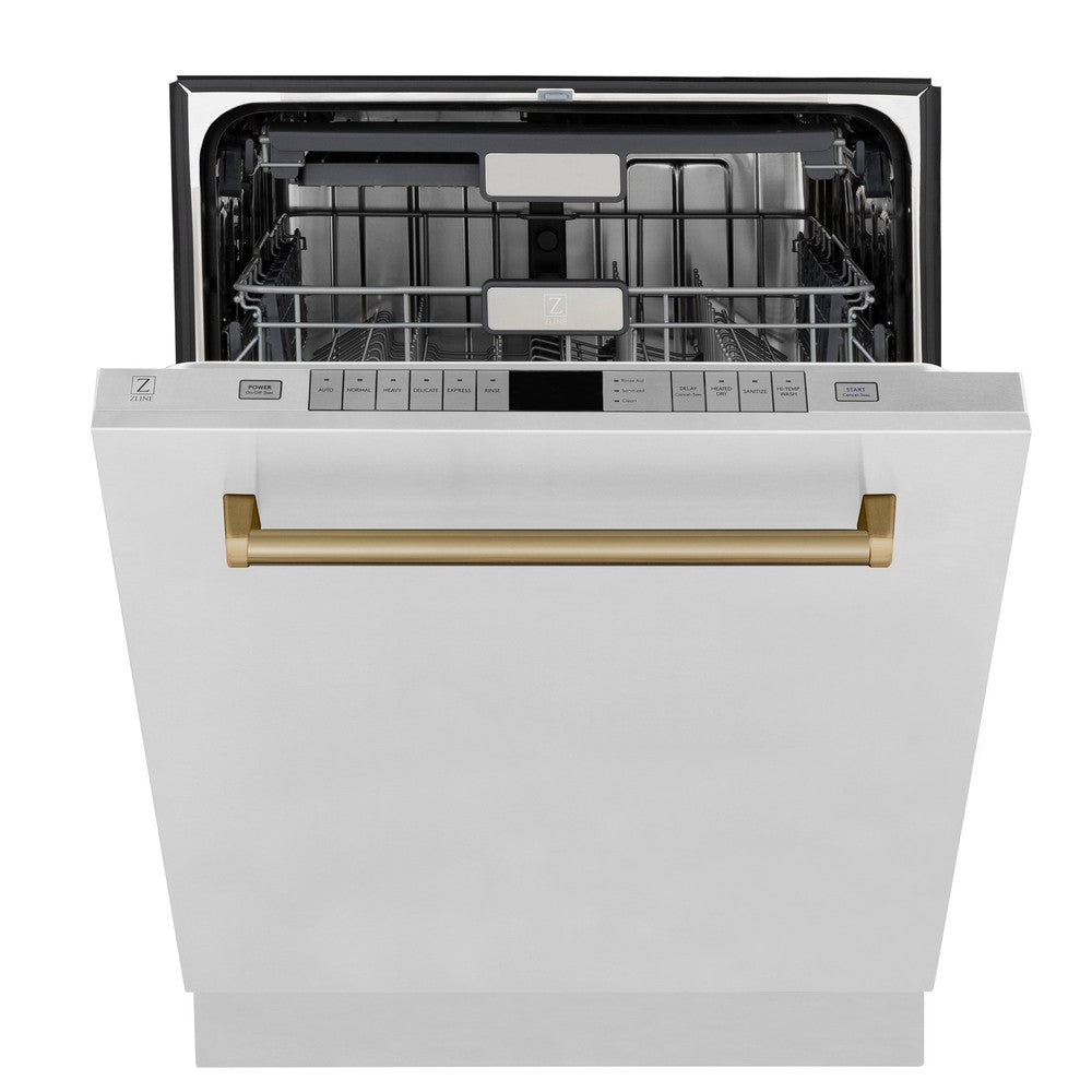 ZLINE 36 in. Autograph Edition Kitchen Package with Stainless Steel Dual Fuel Range, Range Hood, Dishwasher and Refrigeration Including External Water Dispenser with Champagne Bronze Accents (4AKPR-RARHDWM36-CB)