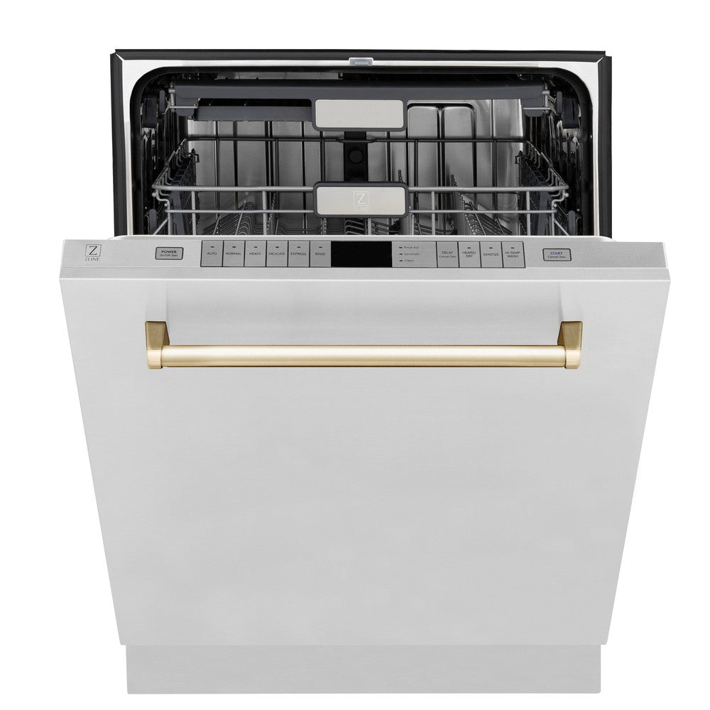 ZLINE Autograph Edition 36 in. Kitchen Package with Stainless Steel Dual Fuel Range, Range Hood, Dishwasher and Refrigerator with Polished Gold Accents (4KAPR-RARHDWM36-G)