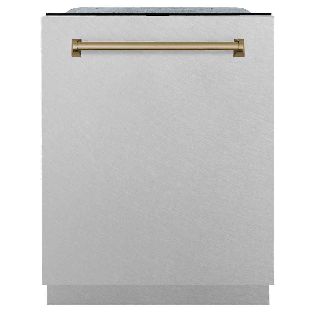 ZLINE Autograph Edition 24 in. Monument Series 3rd Rack Top Control Tall Tub Dishwasher in Fingerprint Resistant Stainless Steel with Champagne Bronze Accents, 45dBa (DWMTZ-SN-24-CB)