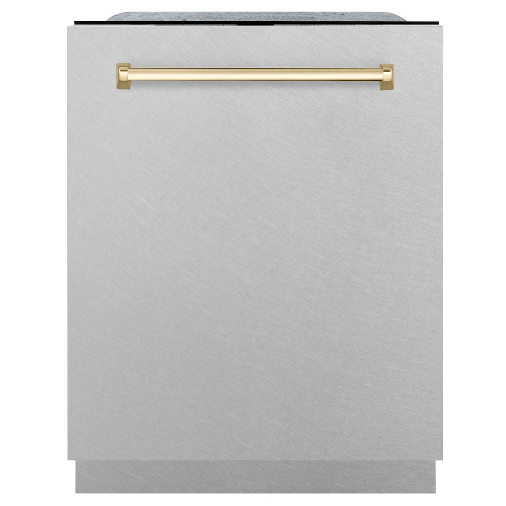 ZLINE Autograph Edition 24 in. 3rd Rack Top Control Tall Tub Dishwasher in Fingerprint Resistant Satin Stainless Steel with Polished Gold Accents, 45dBa (DWMTZ-SN-24-G) front, closed.