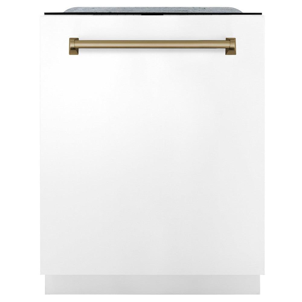 ZLINE Autograph Edition 24 in. Monument Series 3rd Rack Top Touch Control Tall Tub Dishwasher in White Matte with Champagne Bronze Accent Handle, 45dBa (DWMTZ-WM-24-CB)