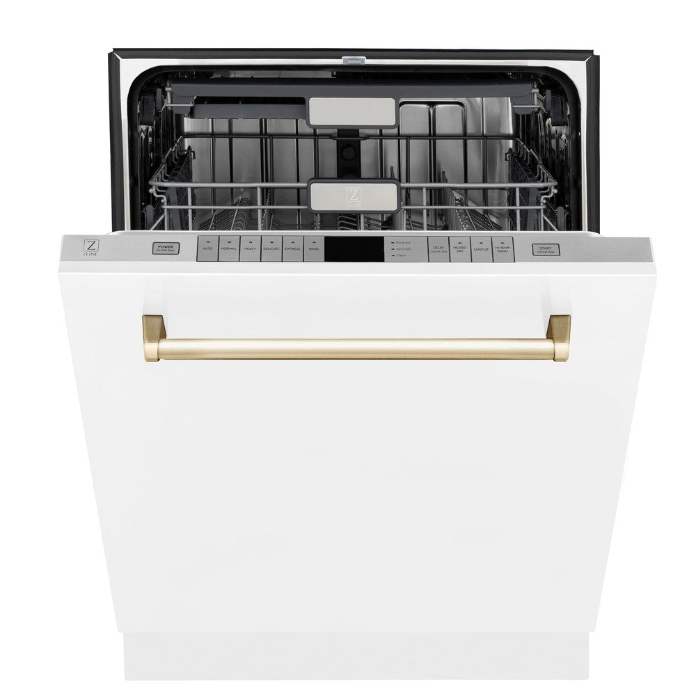 ZLINE Autograph Edition 24 in. Monument Series 3rd Rack Top Touch Control Tall Tub Dishwasher in White Matte with Polished Gold Accent Handle, 45dBa (DWMTZ-WM-24-G)