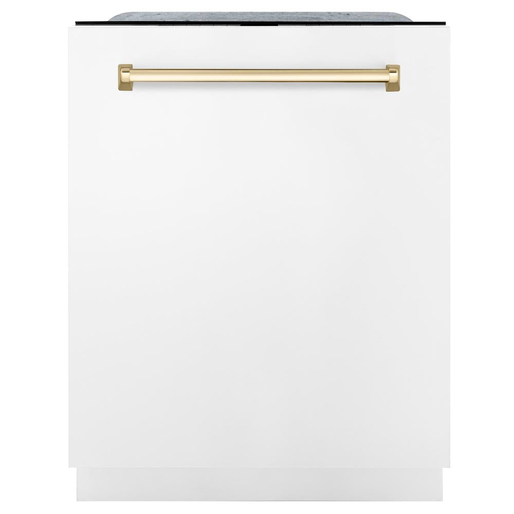 ZLINE Autograph Edition 24 in. Monument Series 3rd Rack Top Touch Control Tall Tub Dishwasher in White Matte with Polished Gold Accent Handle, 45dBa (DWMTZ-WM-24-G)