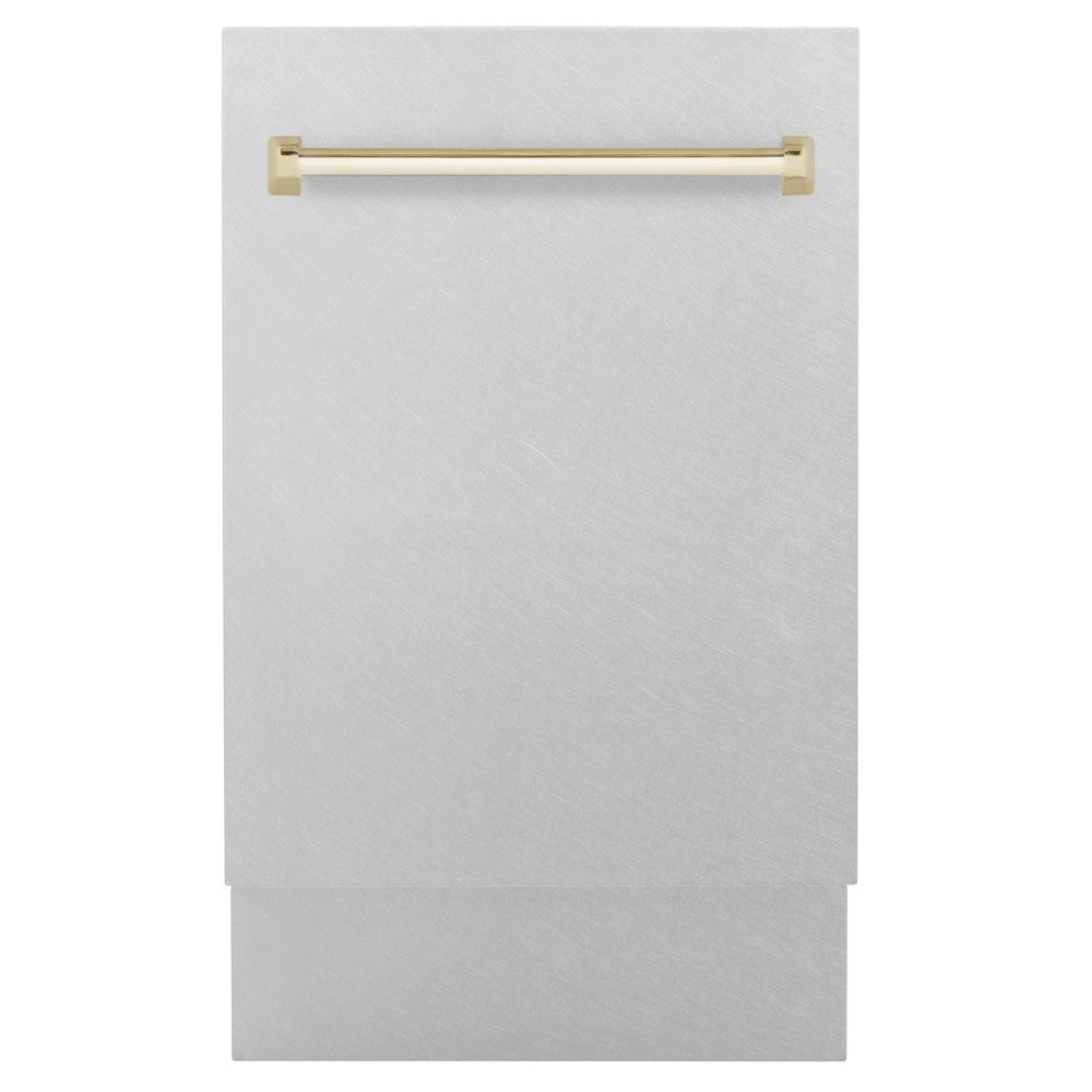 ZLINE Autograph Edition 18 in. Compact 3rd Rack Top Control Dishwasher in Fingerprint Resistant Stainless Steel with Polished Gold Accent Handle, 51dBa (DWVZ-SN-18-G)