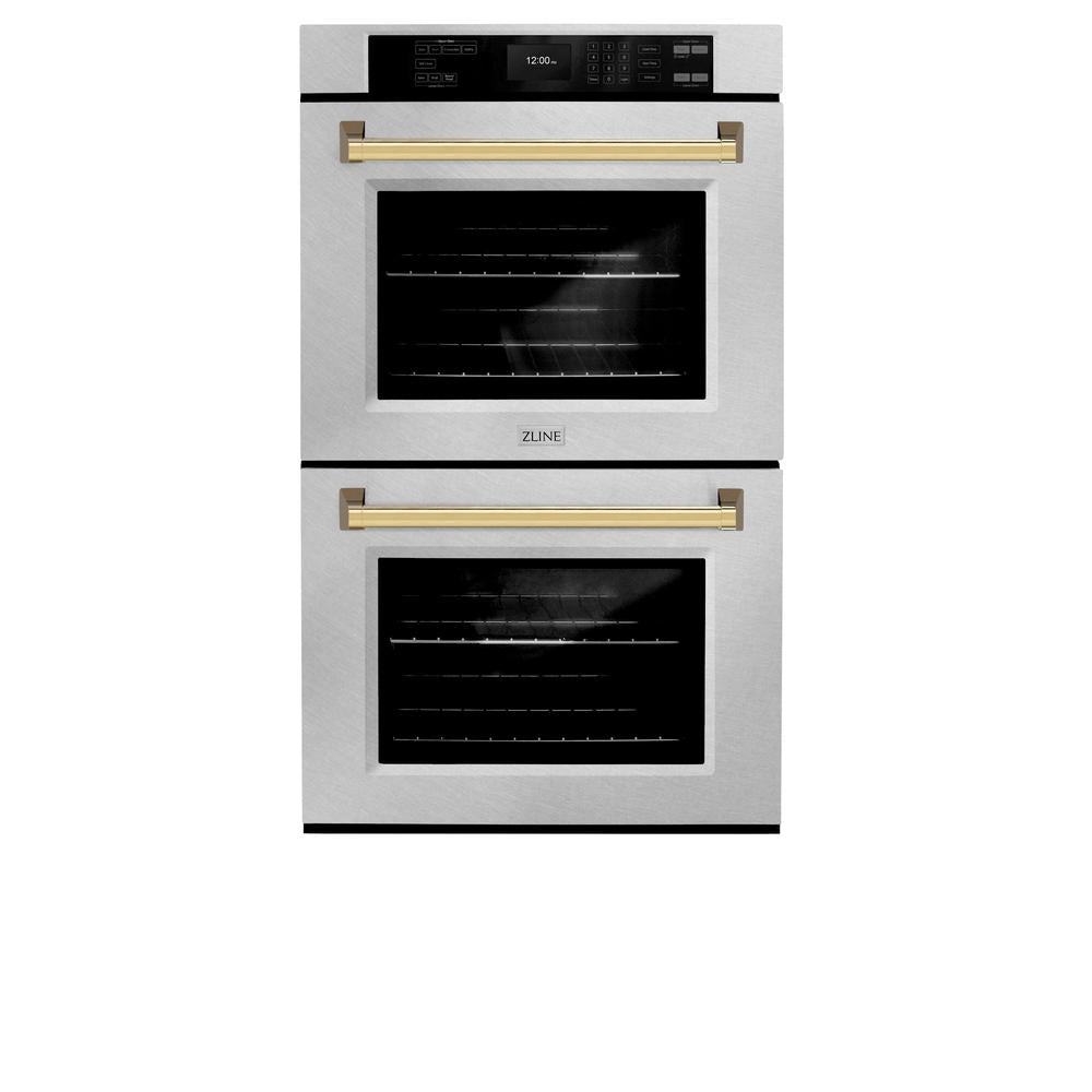 ZLINE Autograph Edition 30 in. Professional True Convection Double Wall Oven with Air Fry and Self Clean in Stainless Steel with Polished Gold Handles (WADZ-30-G)