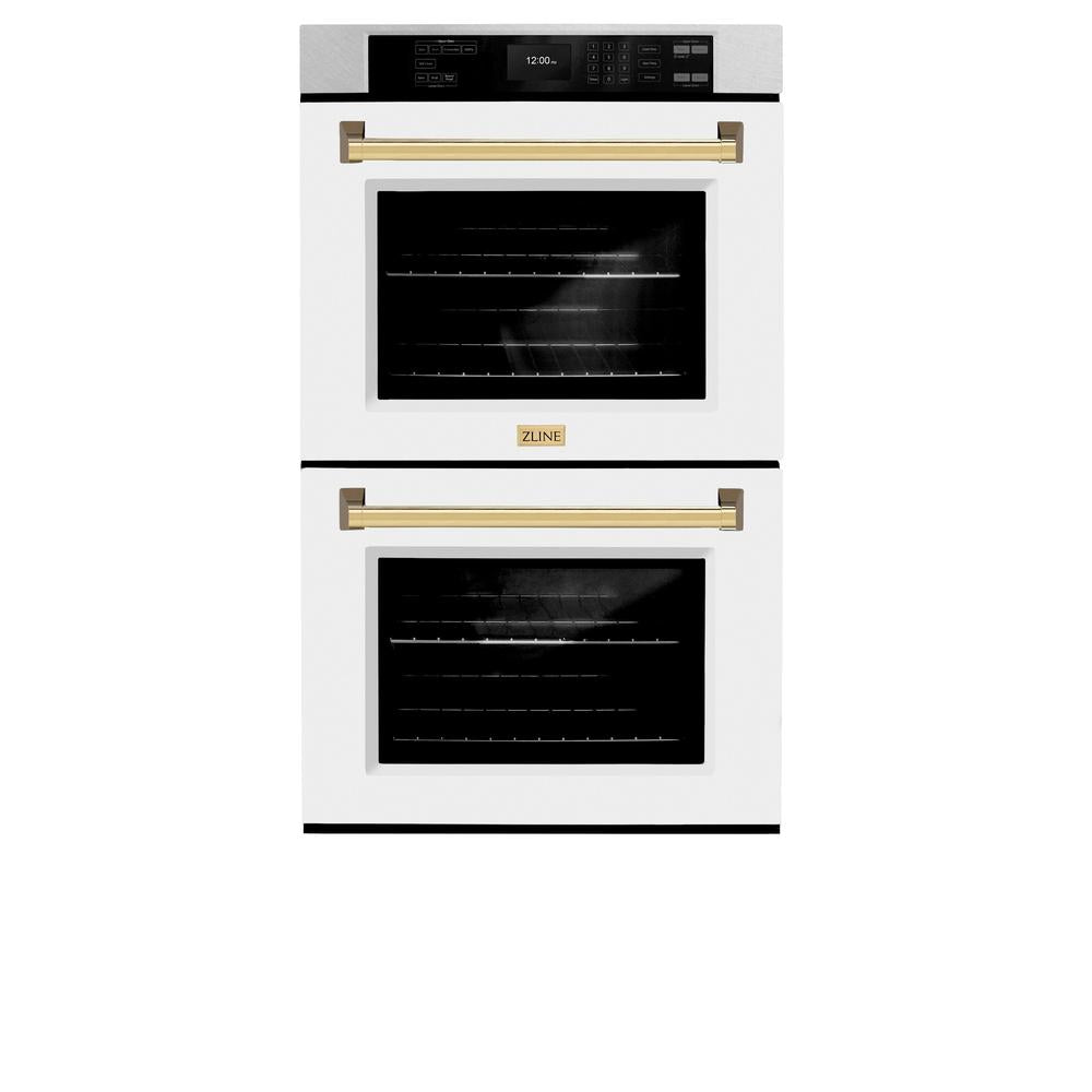 ZLINE Autograph Edition 30 in. Professional True Convection Double Wall Oven with Air Fry and Self Clean in DuraSnow® Stainless Steel with White Matte Doors and Polished Gold Handles (WADSZ-WM-30-G)