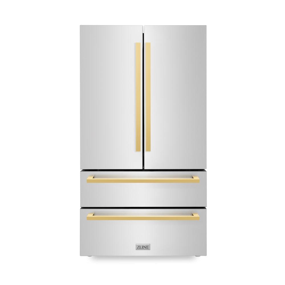 ZLINE Autograph Edition 36 in. 22.5 cu. ft. Counter-Depth French Door Refrigerator with Ice Maker in Fingerprint-Resistant Stainless Steel with Polished Gold Modern Handles (RFMZ-36-FG)