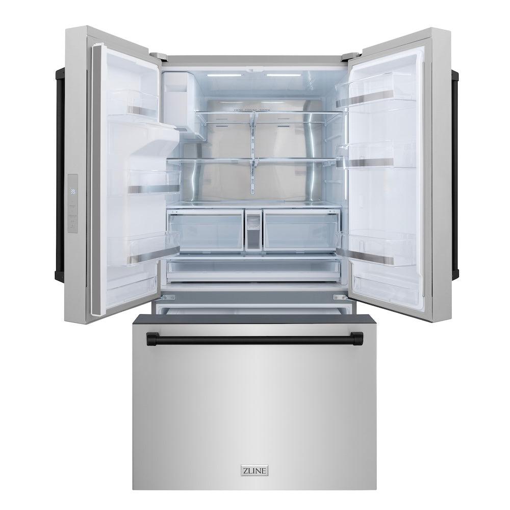ZLINE Autograph Edition 36 in. 28.9 cu. ft. Standard-Depth French Door External Water Dispenser Refrigerator with Dual Ice Maker in Fingerprint-Resistant Stainless Steel and Matte Black Traditional Handles (RSMZ-W-36-MB)