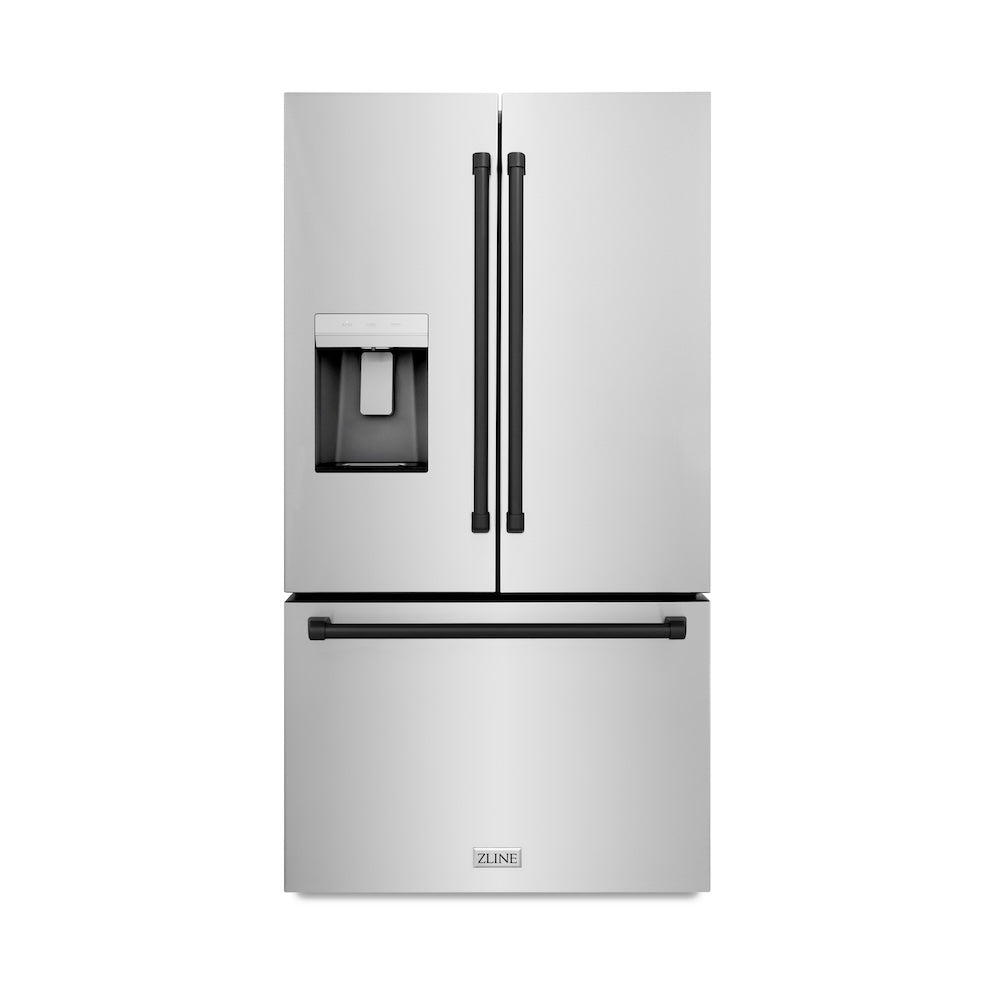 ZLINE Autograph Edition 36 in. 28.9 cu. ft. Standard-Depth French Door External Water Dispenser Refrigerator with Dual Ice Maker in Fingerprint-Resistant Stainless Steel and Matte Black Traditional Handles (RSMZ-W-36-MB)