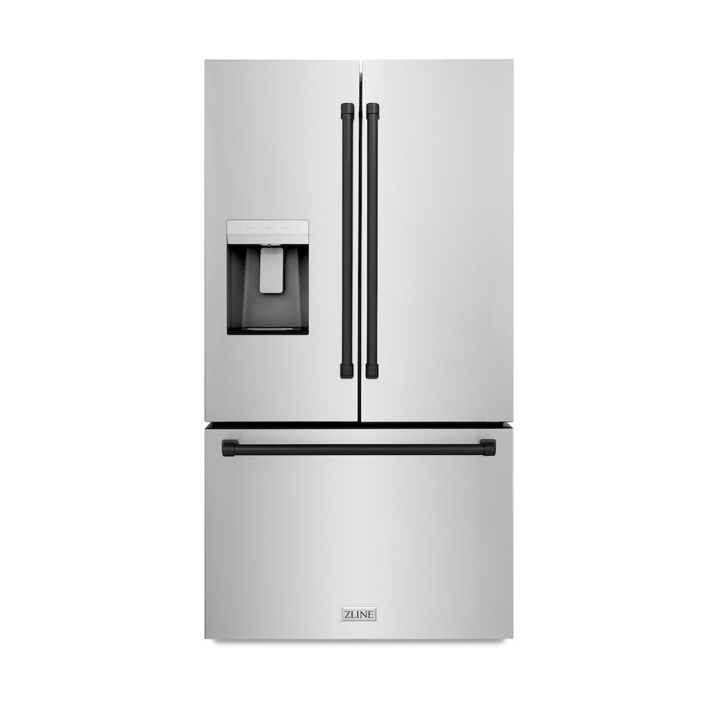ZLINE Autograph Edition 36 in. 28.9 cu. ft. Standard-Depth French Door External Water Dispenser Refrigerator with Dual Ice Maker in Fingerprint-Resistant Stainless Steel and Matte Black Traditional Handles (RSMZ-W-36-MB)