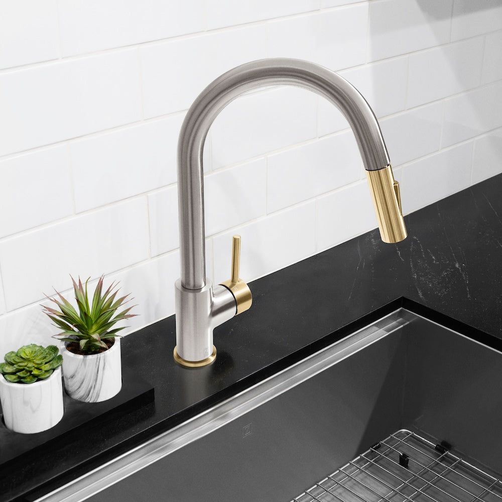 ZLINE Autograph Edition Gemini Pull Down Single Handle Kitchen Faucet in Brushed Nickel and Champagne Bronze (GEM-KF-ZBNCB)