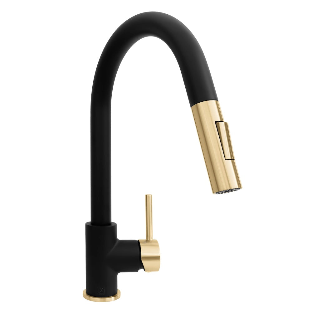 ZLINE Autograph Edition Gemini Pull Down Single Handle Kitchen Faucet in Matte Black and Champagne Bronze (GEM-KF-ZMBCB)
