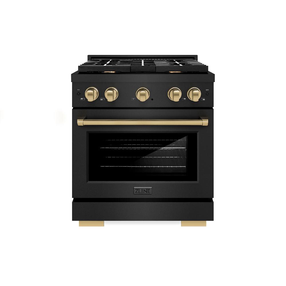 ZLINE Autograph Edition 30 in. 4.2 cu. ft. Paramount Dual Fuel Range with 4 Burner Gas Cooktop and Electric Convection Oven in Black Stainless Steel with Champagne Bronze Accents (SDRBZ-30-CB)