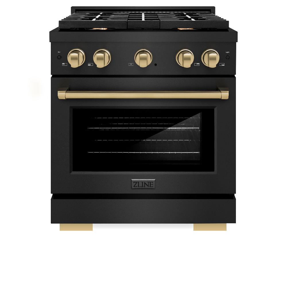 ZLINE Autograph Edition 30 in. 4.2 cu. ft. Paramount Dual Fuel Range with 4 Burner Gas Cooktop and Electric Convection Oven in Black Stainless Steel with Champagne Bronze Accents (SDRBZ-30-CB)