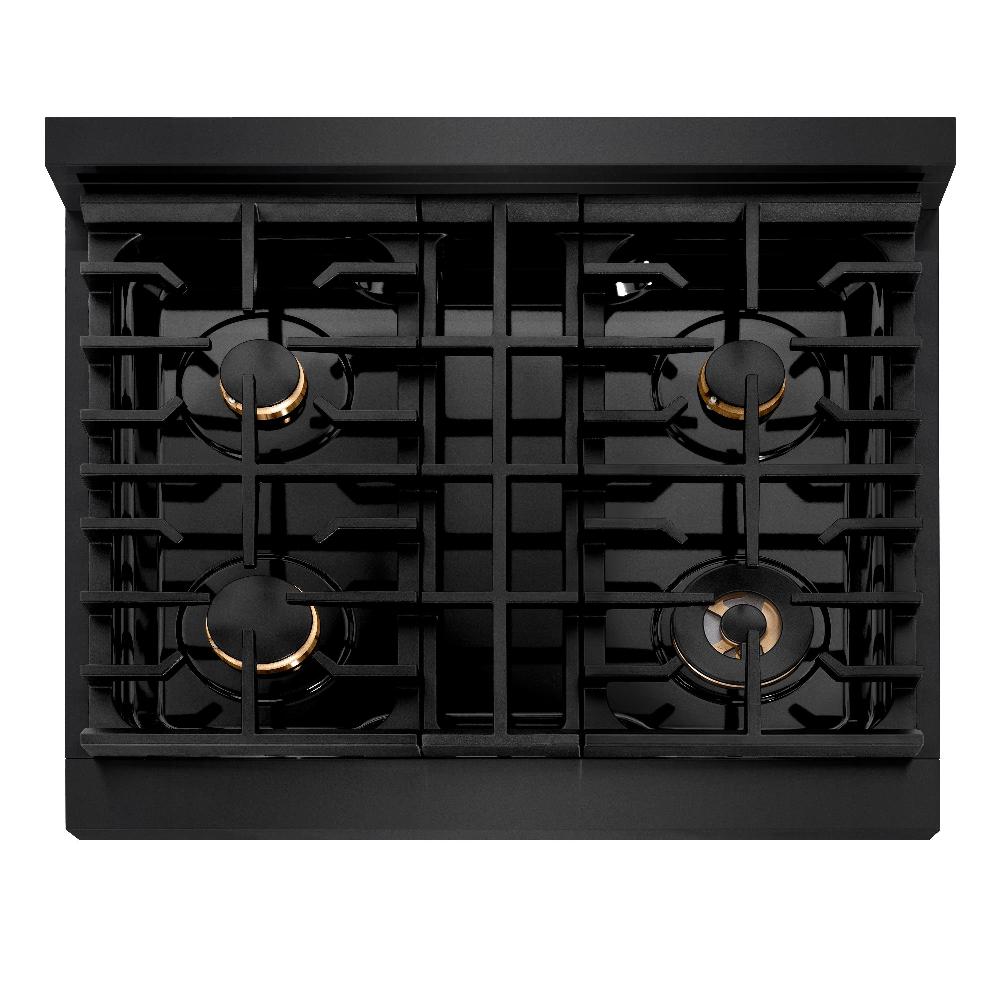 ZLINE Autograph Edition 30 in. 4.2 cu. ft. Paramount Dual Fuel Range with 4 Burner Gas Cooktop and Electric Convection Oven in Black Stainless Steel with Champagne Bronze Accents (SDRBZ-30-CB)