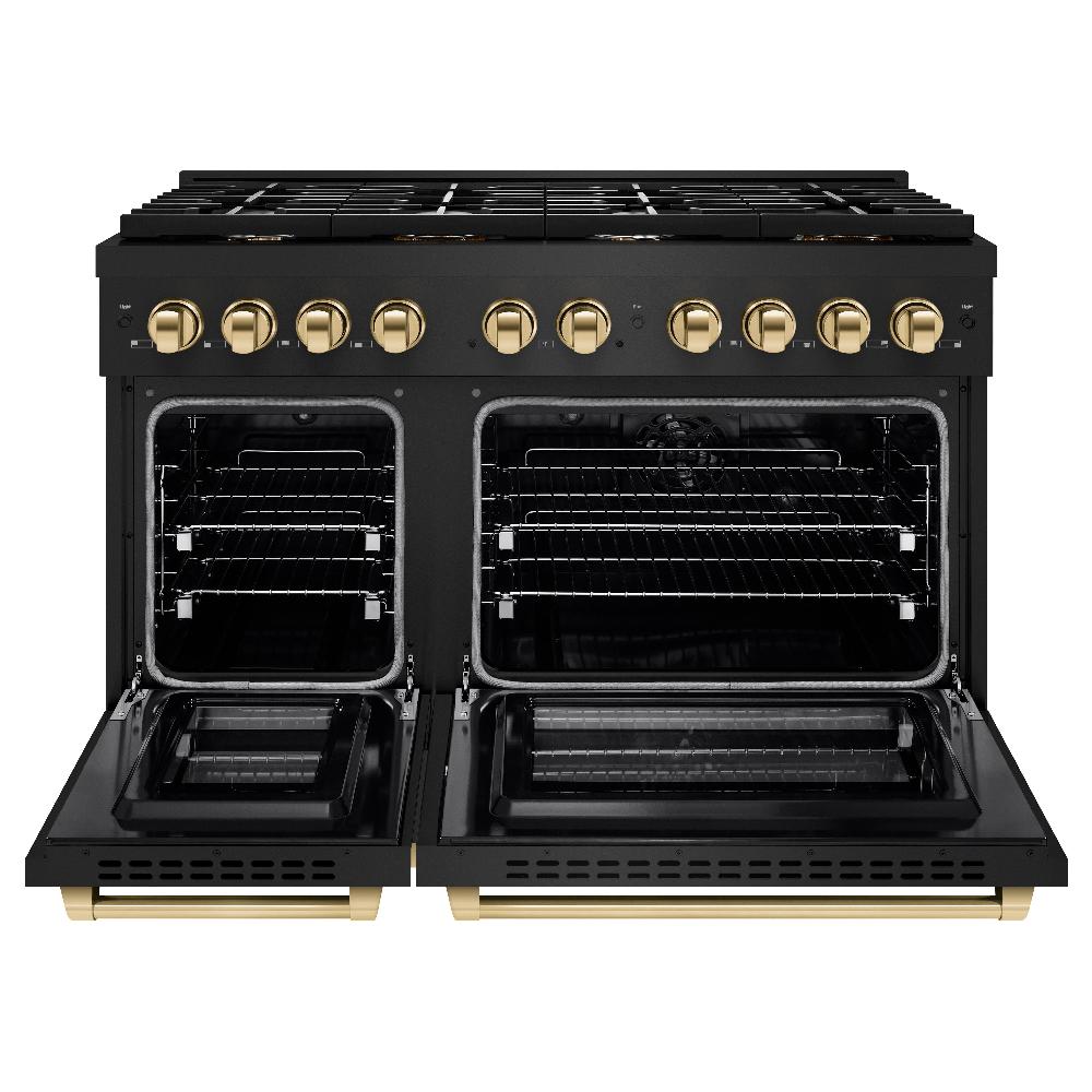 ZLINE Autograph Edition 48 in. 6.7 cu. ft. Paramount Double Oven Dual Fuel Range with 8 Burner Gas Cooktop in Black Stainless Steel and Polished Gold Accents (SDRBZ-48-G)