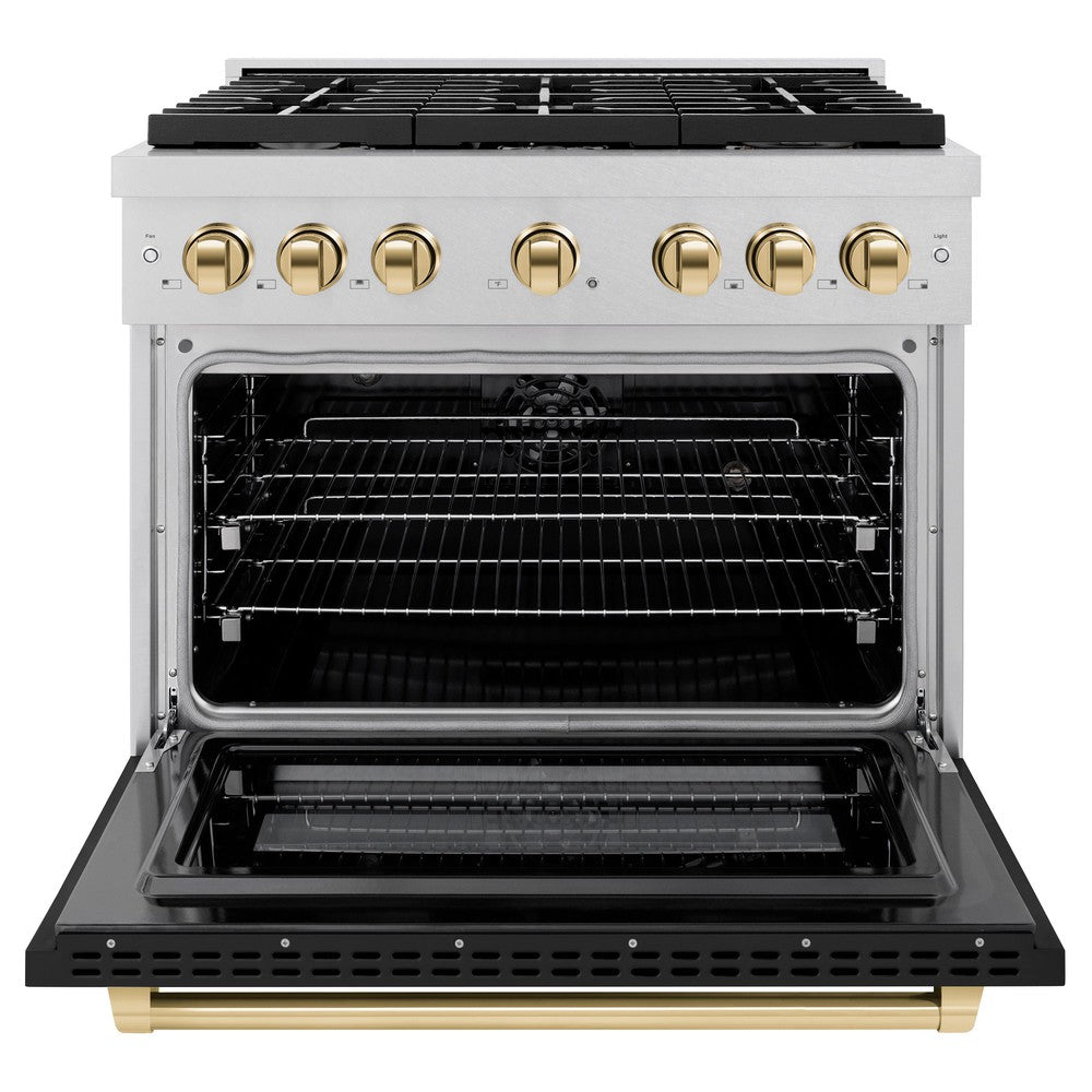 ZLINE Autograph Edition 36 in. 5.2 cu. ft. Paramount Dual Fuel Range with 6 Burner Gas Cooktop and Electric Convection Oven in DuraSnow® Stainless Steel with Black Matte Door and Polished Gold Accents (SDRSZ-BLM-36-G)