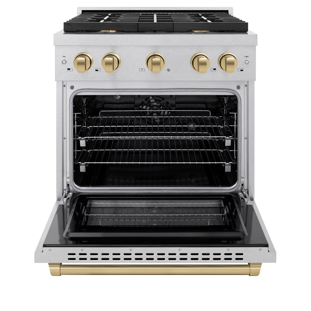 ZLINE Autograph Edition 30 in. 4.2 cu. ft. Paramount Dual Fuel Range with 4 Burner Gas Cooktop and Electric Convection Oven in DuraSnow® Stainless Steel with Champagne Bronze Accents (SDRSZ-30-CB)